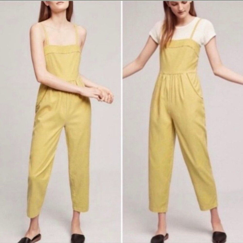 Anthropologie Postmark size XS Linen Essential Jumpsuit Gold Yellow Green